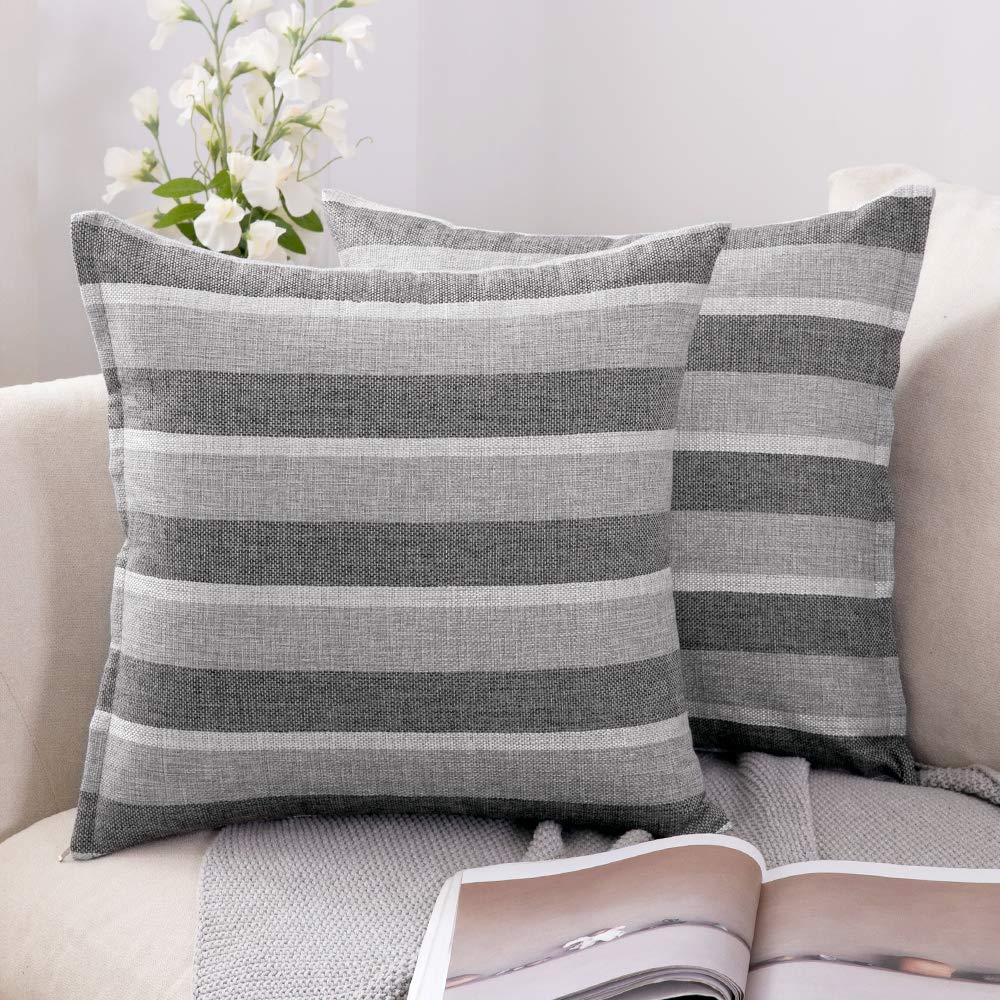 Miulee Light Gray Decorative Classic Retro Stripe Throw Pillow Covers Cotton Linen Modern Farmhouse Cushion Case 2 Pack.
