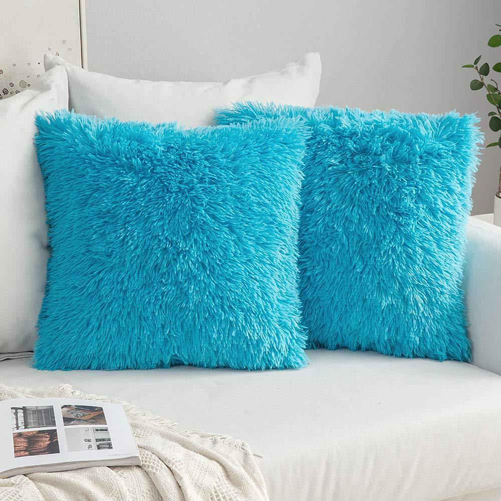 Miulee Little Blue Christmas Decoration Luxury Faux Fur Throw Pillow Cover Deluxe Plush Cushion Cover Shell 2 Pack.