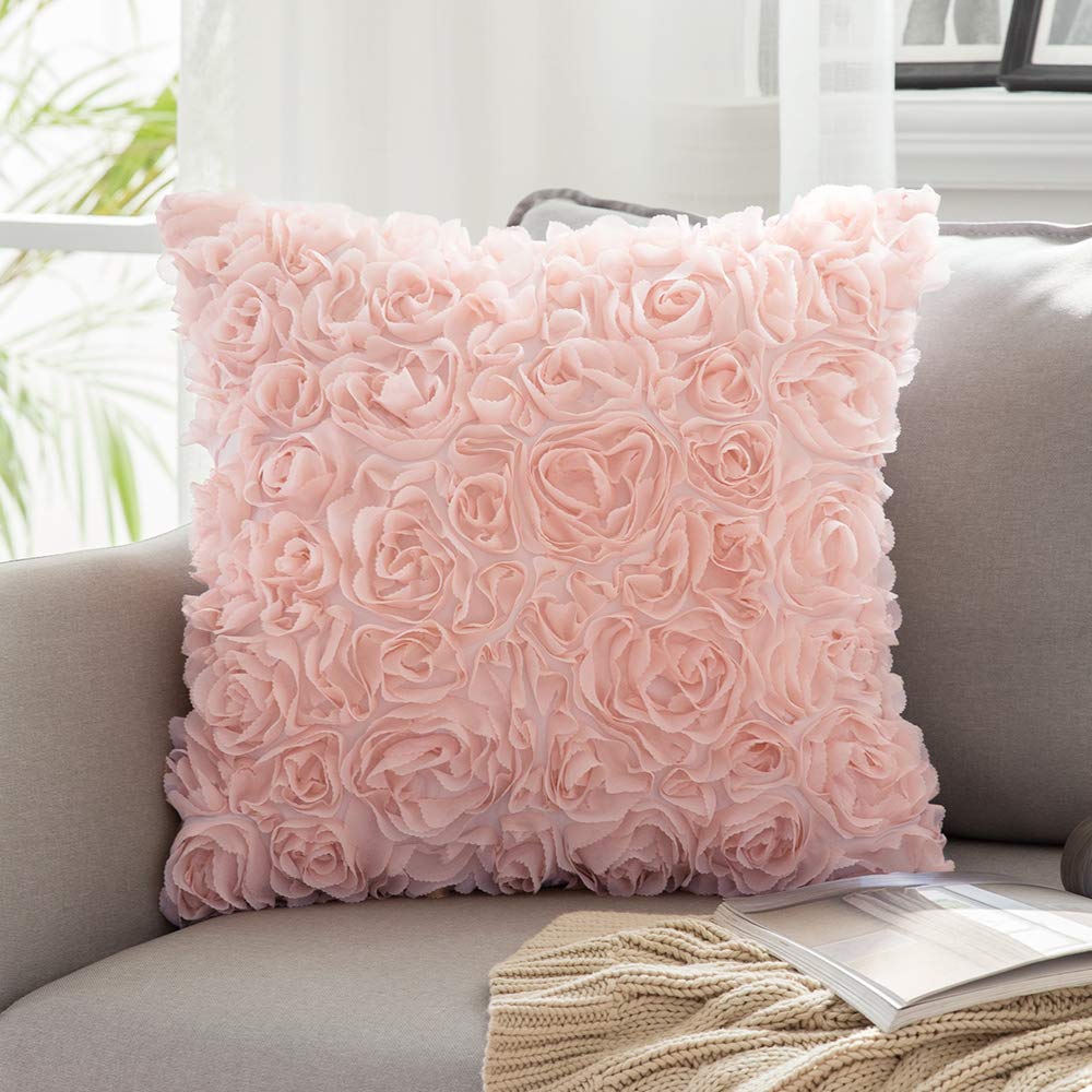 Miulee Peach Pink 3D Decorative Romantic Stereo Chiffon Rose Flower Pillow Cover Solid Square Pillowcase 1 Pack.