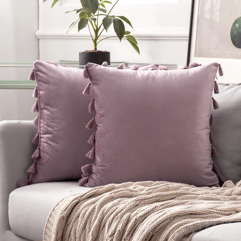 MIULEE Pink Purple Throw Pillow Cover with Tassels Fringe Velvet Soft Boho Accent Cushion Case 2 Pack.