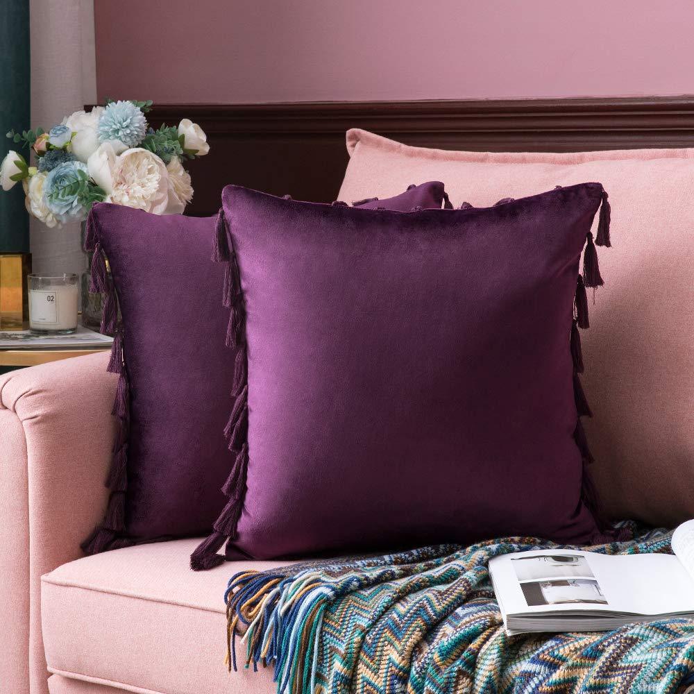 MIULEE Purple Throw Pillow Cover with Tassels Fringe Velvet Soft Boho Accent Cushion Case 2 Pack.