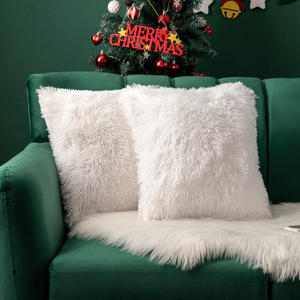 Miulee White Christmas Decoration Luxury Faux Fur Throw Pillow Cover Deluxe Plush Cushion Cover Shell 2 Pack.