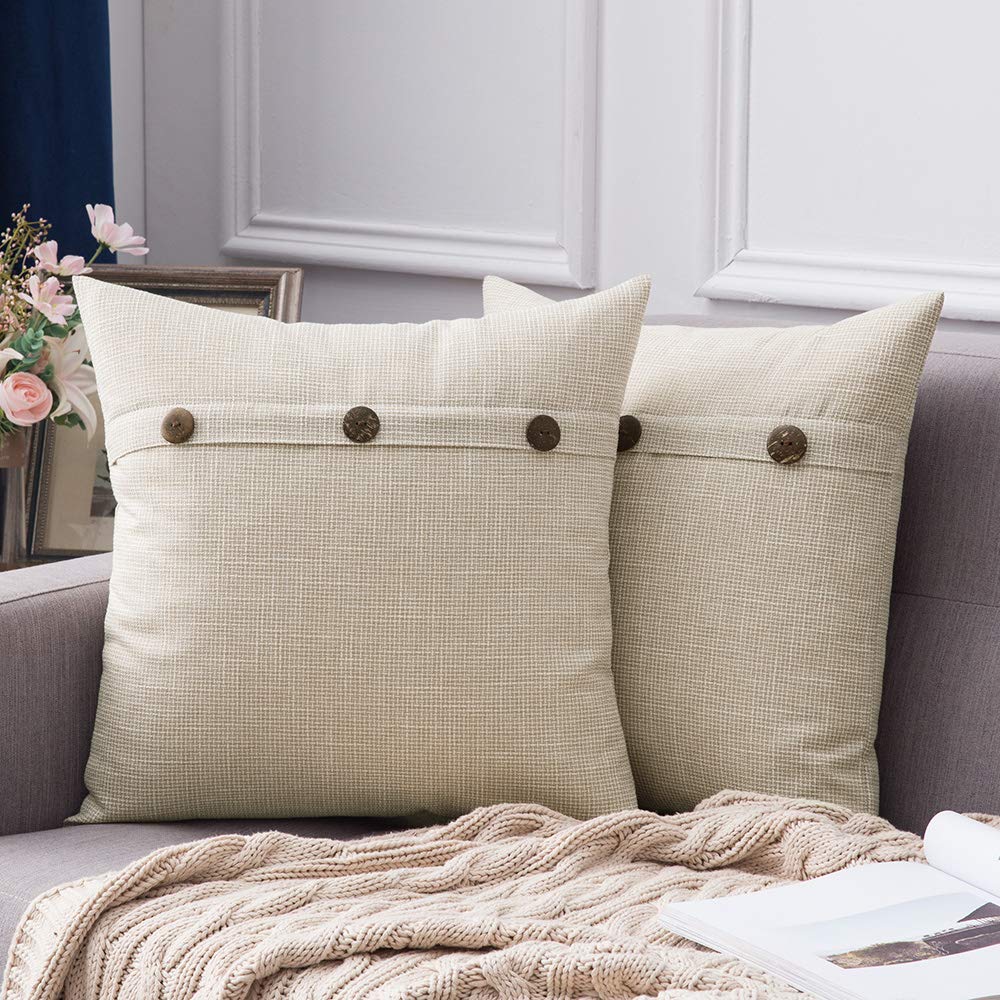 Miulee Decorative Linen Throw Pillow Covers Triple Button Vintage Farmhouse Cushion Case 2 Pack.