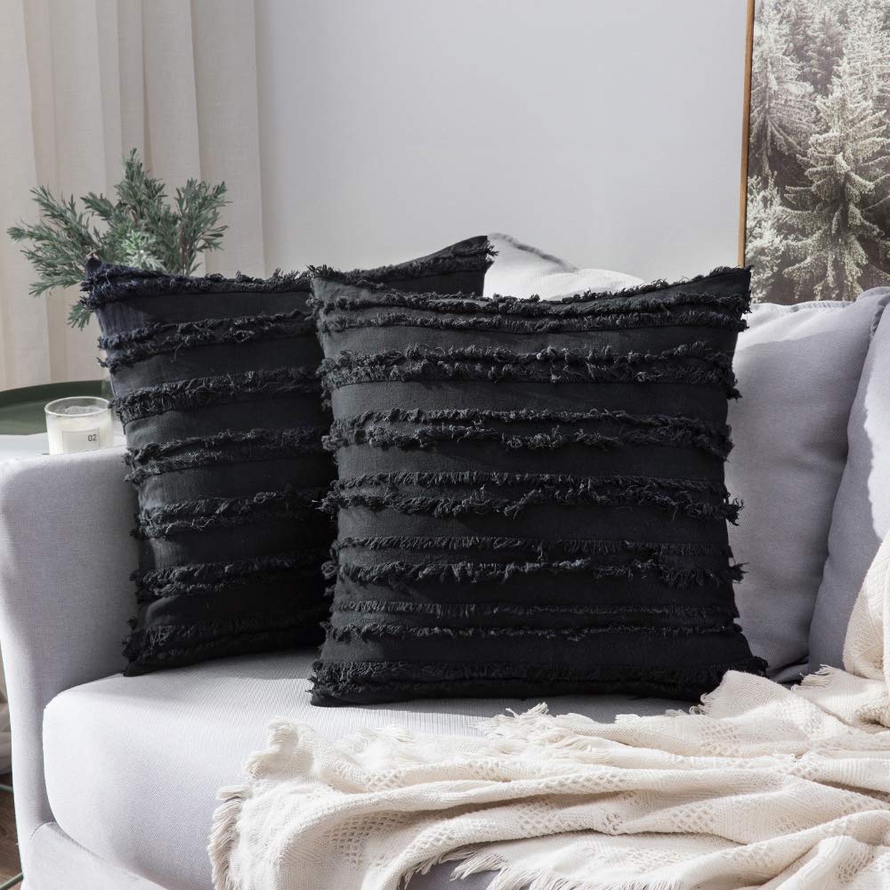 Miulee Black Decorative Boho Throw Pillow Covers Cotton Linen Striped Jacquard Pattern Cushion Covers 2 Pack.