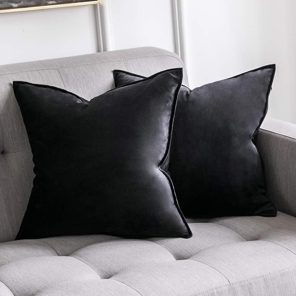 Miulee Black Decorative Velvet Throw Pillow Cover Soft Soild Square Flanged Cushion Case 2 Pack.
