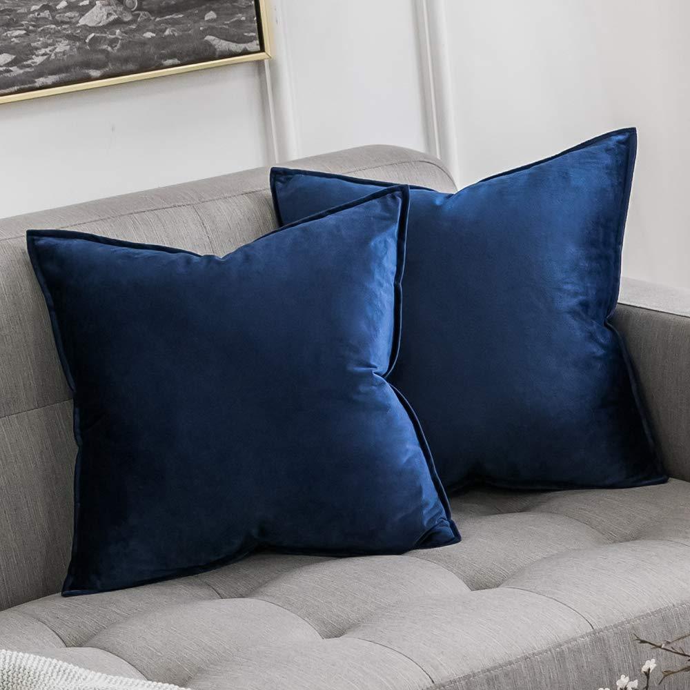 Miulee Dake Blue Decorative Velvet Throw Pillow Cover Soft Soild Square Flanged Cushion Case 2 Pack.