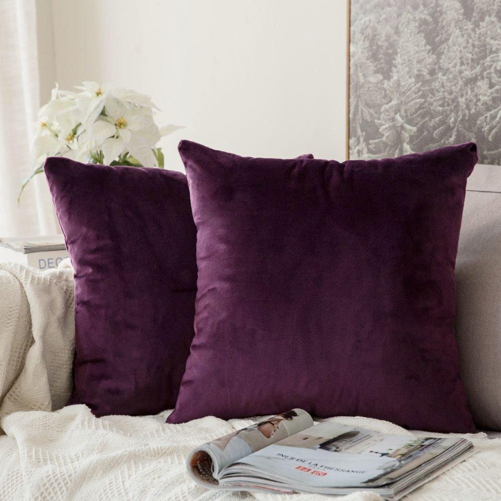 Miulee Velvet Pillow Covers Eggplant Purple Decorative Square Pillowcase Soft Solid Cushion Case 2 Pack.