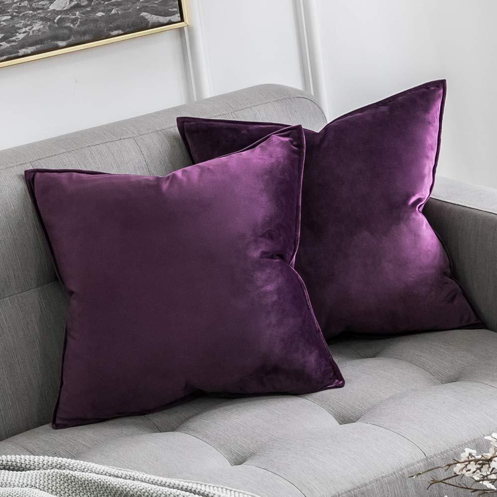 Miulee Eggplant Purple Decorative Velvet Throw Pillow Cover Soft Soild Square Flanged Cushion Case 2 Pack.