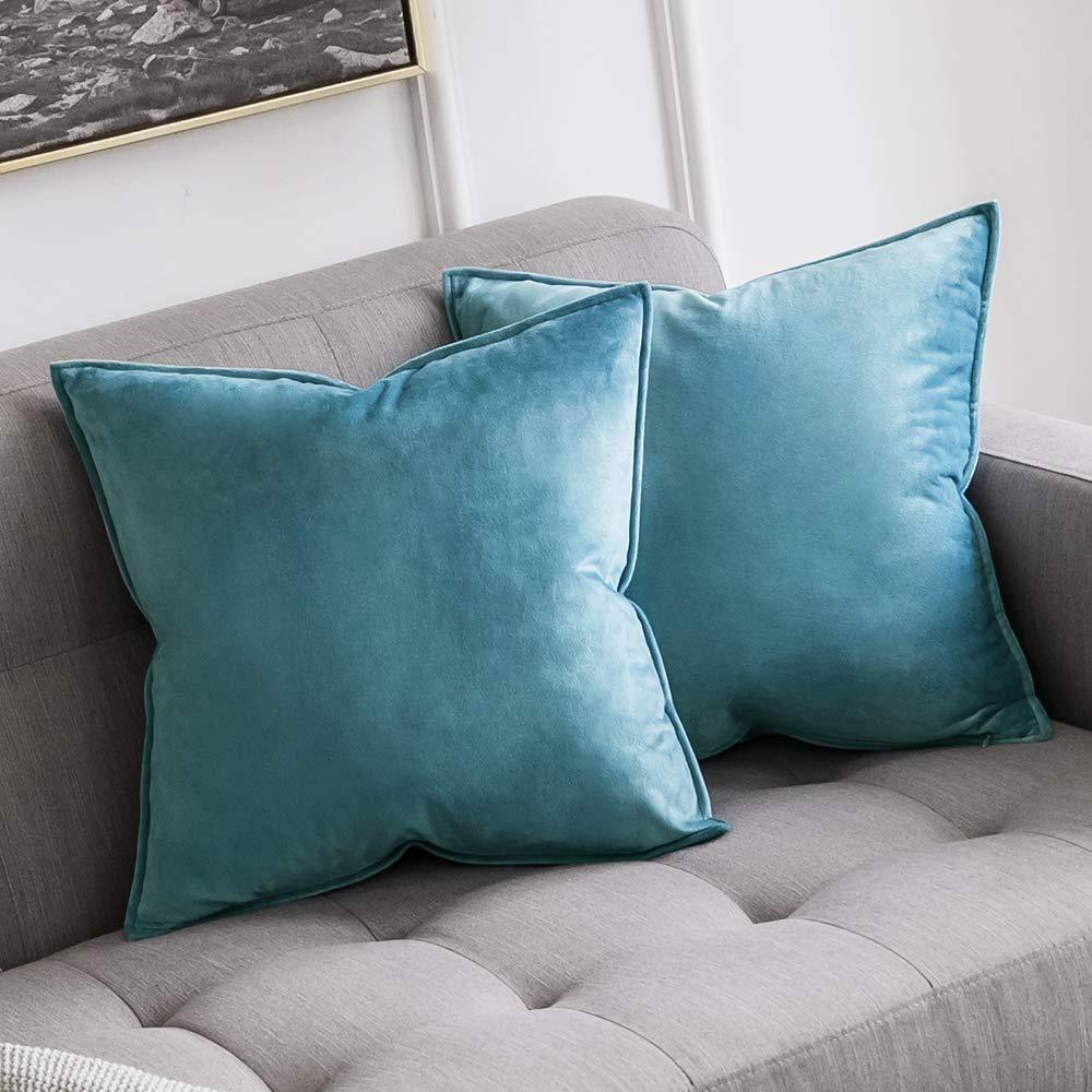 Miulee Light Blue Decorative Velvet Throw Pillow Cover Soft Soild Square Flanged Cushion Case 2 Pack.