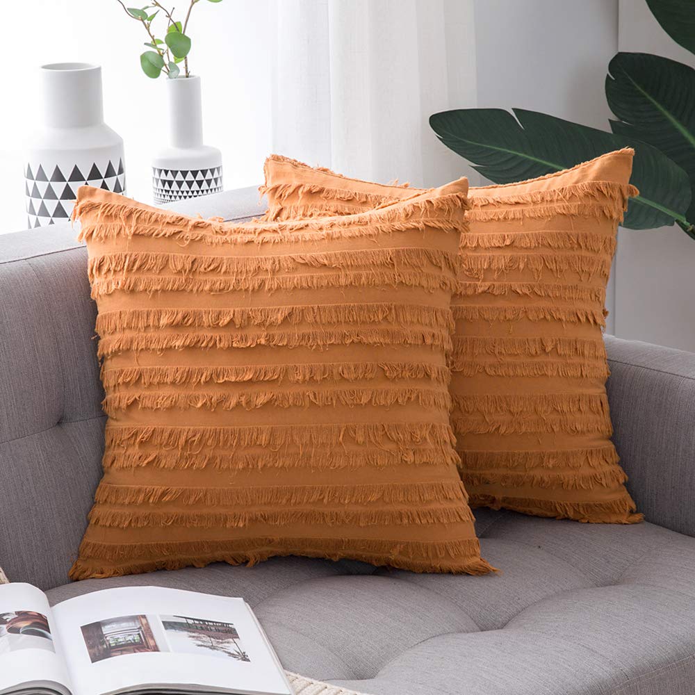 Miulee Orange Decorative Boho Throw Pillow Covers Cotton Linen Striped Jacquard Pattern Cushion Covers 2 Pack.