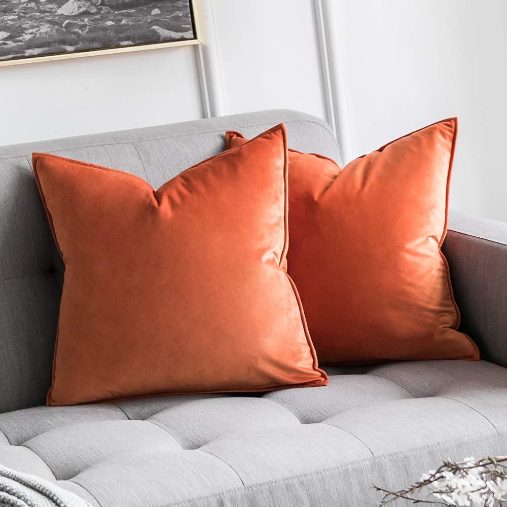Miulee Orange Decorative Velvet Throw Pillow Cover Soft Soild Square Flanged Cushion Case 2 Pack.