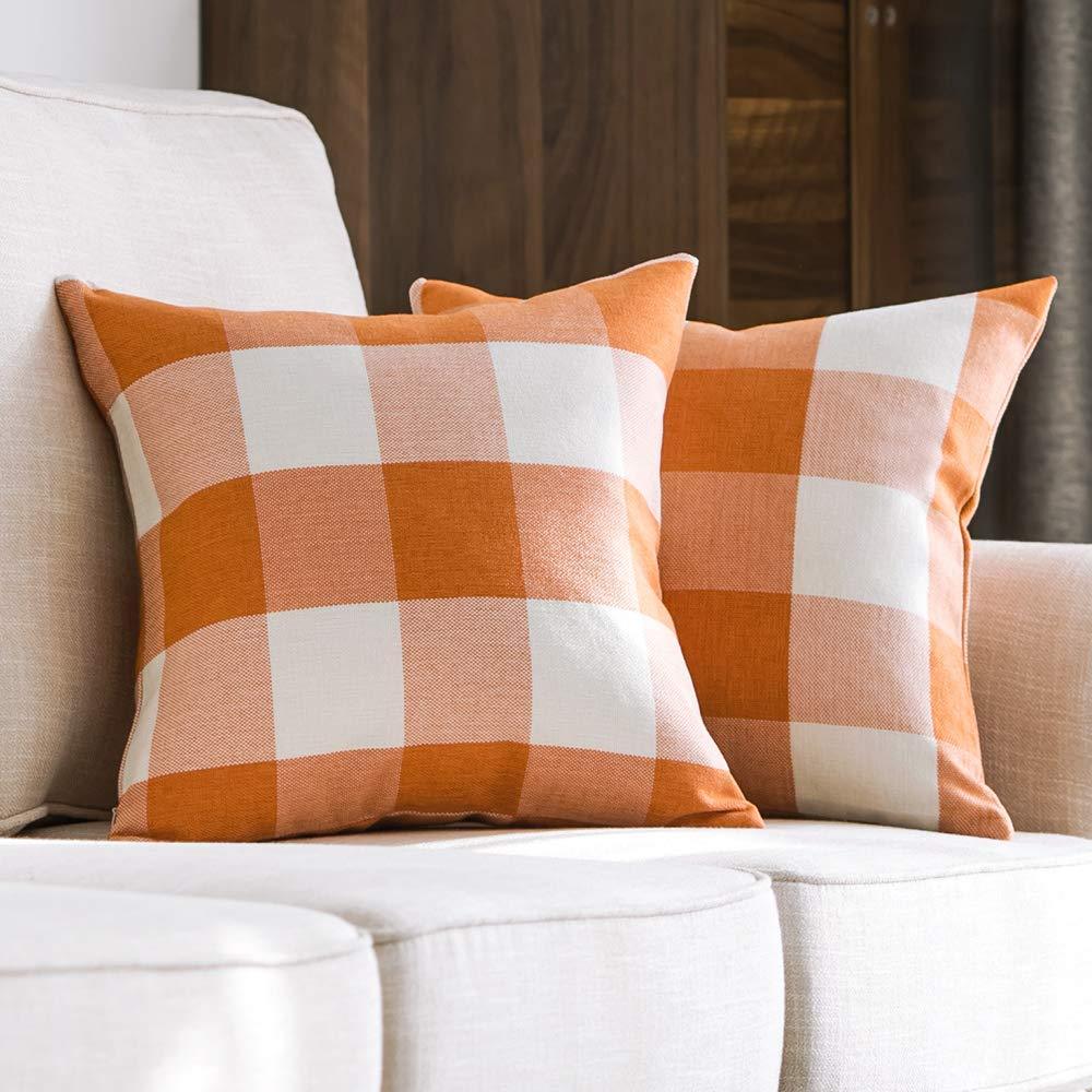 Miulee Orange and White Linen Soft Solid Decorative Throw Pillow Covers Home Decor Design Classic Retro Checkers Plaids Cotton Cushion Case 2 Pack.