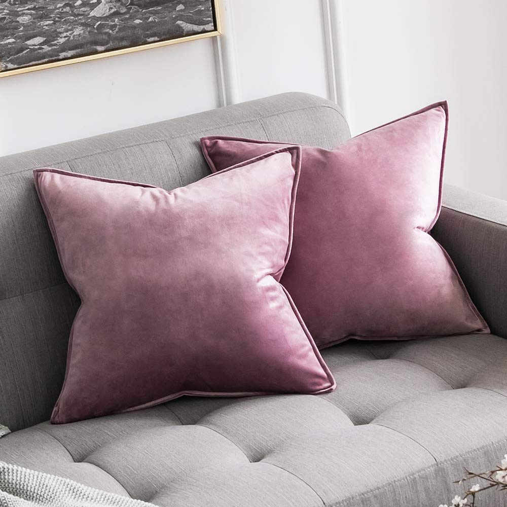 Miulee Pink Purple and Grey Decorative Velvet Throw Pillow Cover Soft Soild Square Flanged Cushion Case 2 Pack.