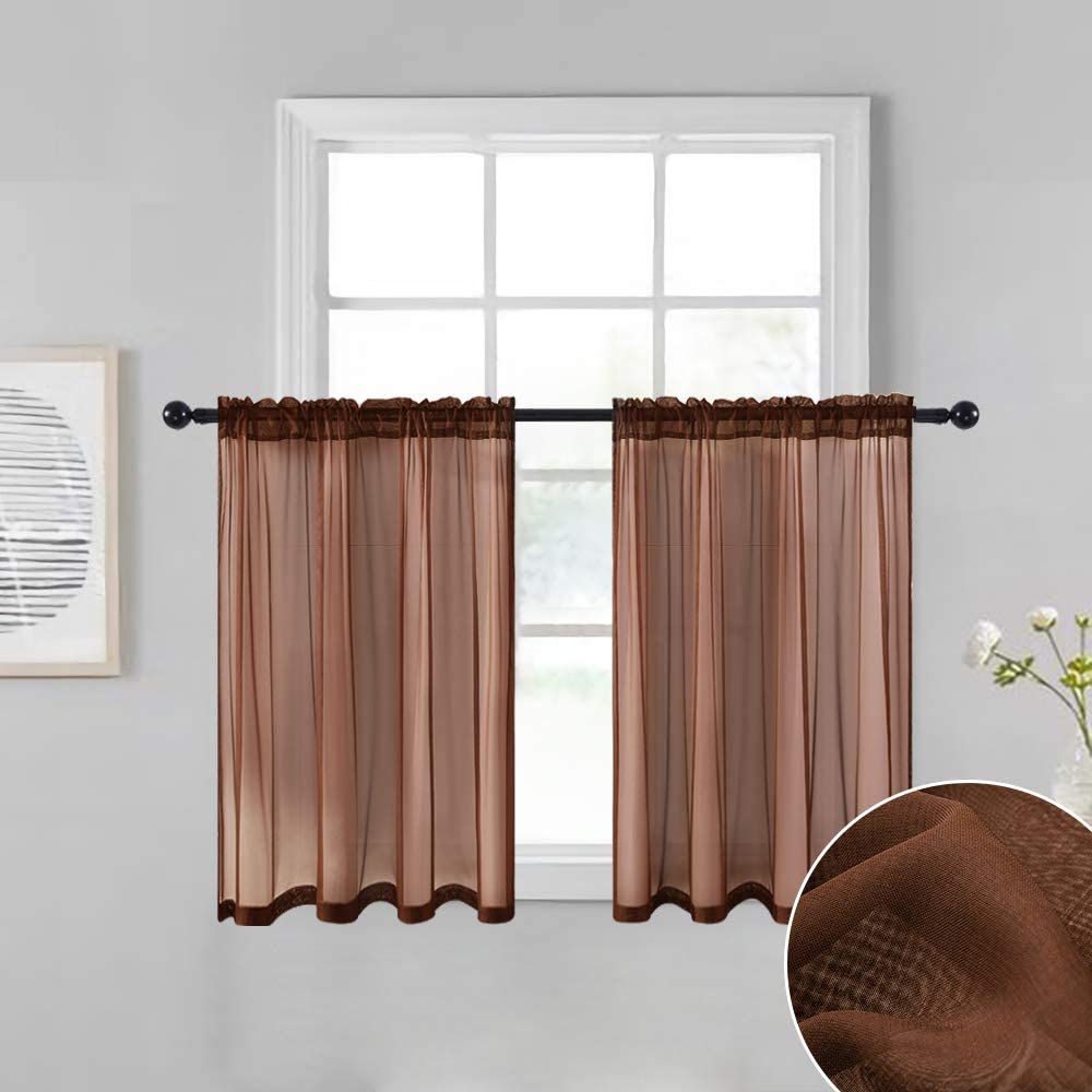 MIULEE Chocolate Sheer Tiers Short Kitchen Curtains, Linen Textured Semi Sheer Voile Drapes for Small Half Window 2 Panels