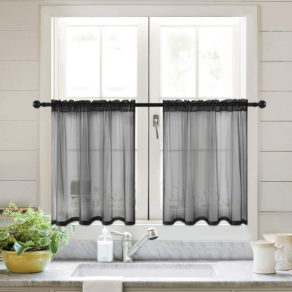 MIULEE Black Sheer Tiers Short Kitchen Curtains, Linen Textured Semi Sheer Voile Drapes for Small Half Window 2 Panels