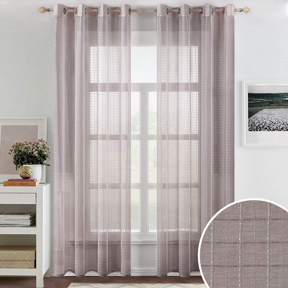 MIULEE Brown Faux Linen Sheer Curtains with Check Plaid Pattern for Bedroom Living Room Grommet Semi-Sheer Window 2 Panels.