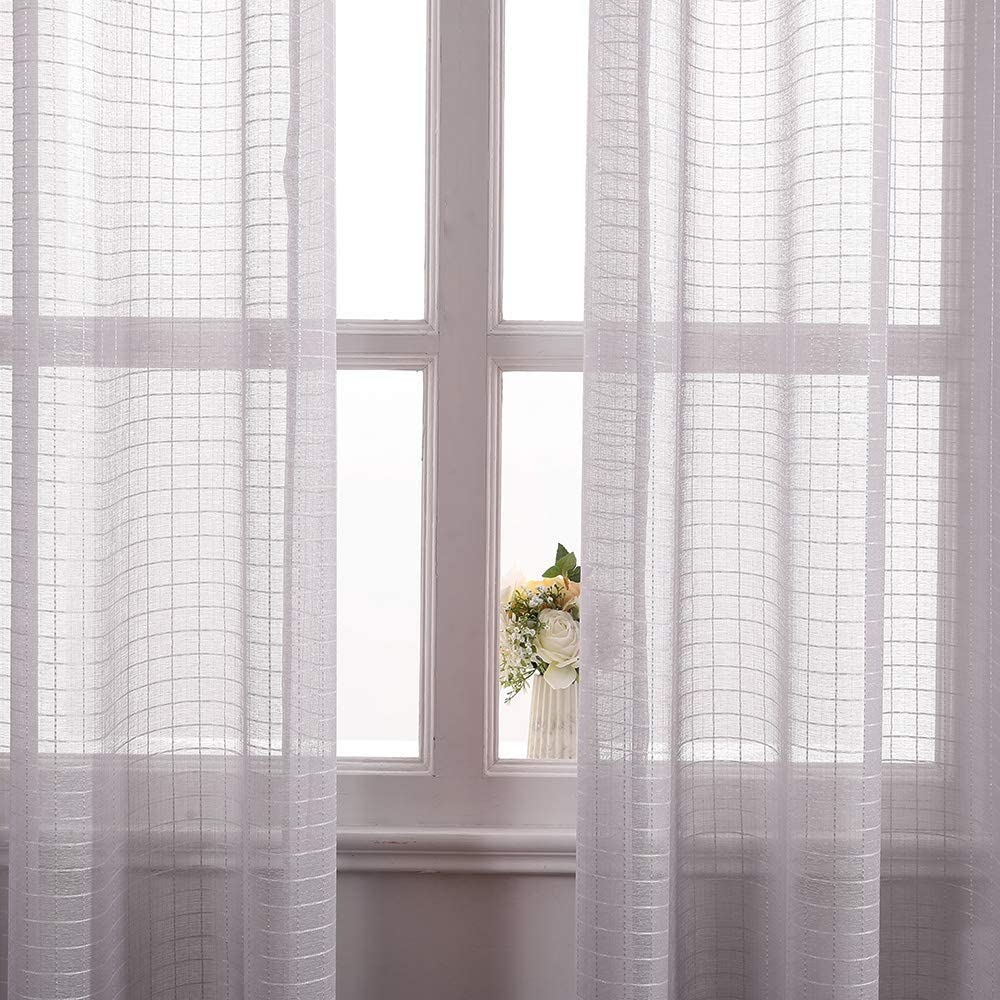 MIULEE Faux Linen Sheer Curtains with Check Plaid Pattern for Bedroom Living Room Grommet Semi-Sheer Window 2 Panels.