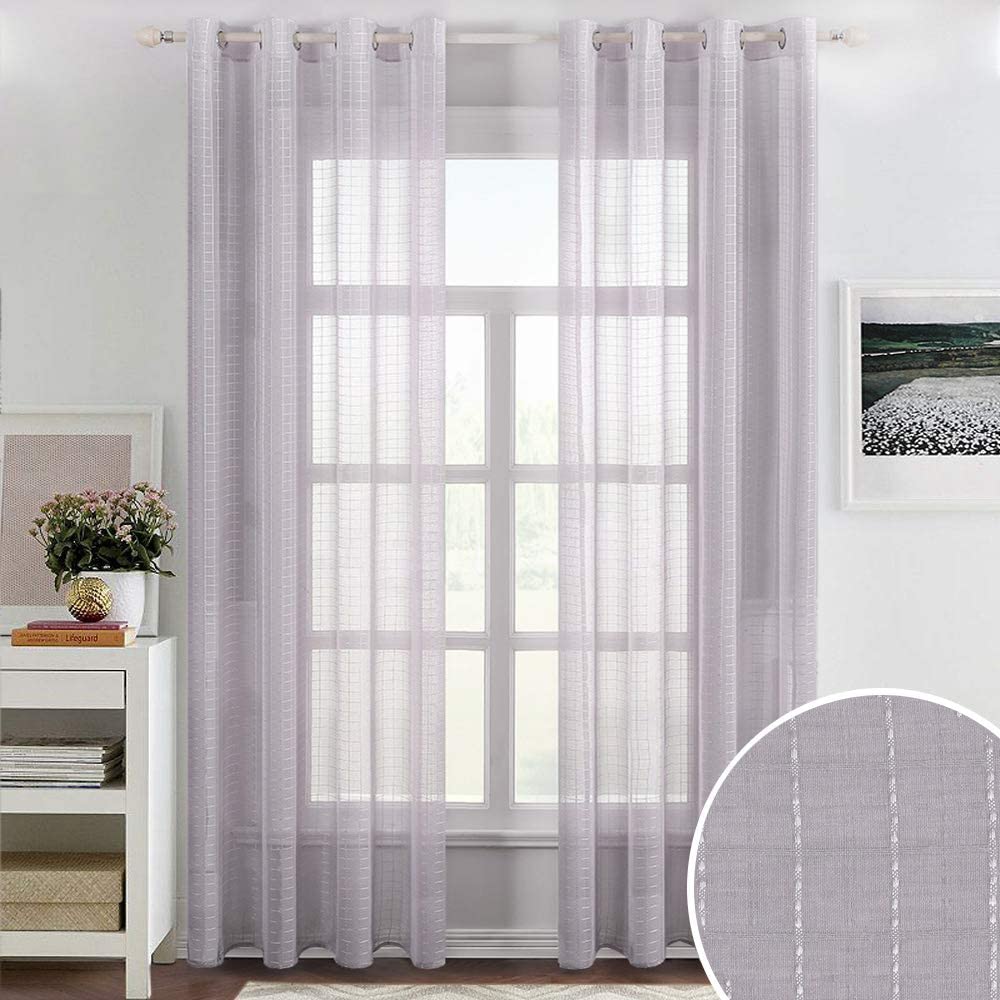 MIULEE Light Grey Faux Linen Sheer Curtains with Check Plaid Pattern for Bedroom Living Room Grommet Semi-Sheer Window 2 Panels.