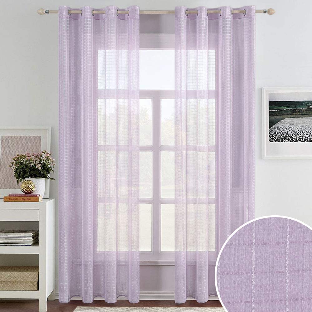 MIULEE Lilac Purple Faux Linen Sheer Curtains with Check Plaid Pattern for Bedroom Living Room Grommet Semi-Sheer Window 2 Panels.