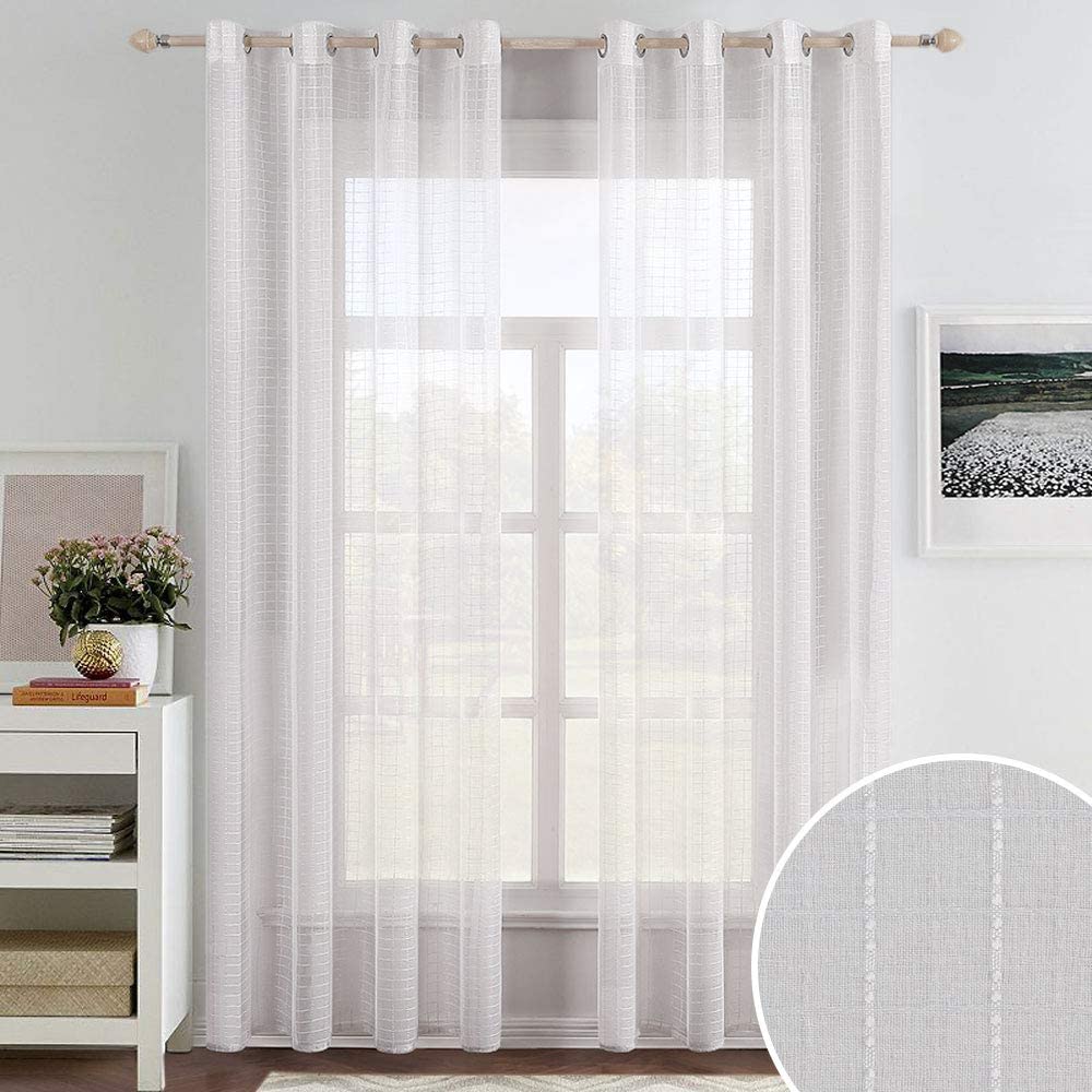 MIULEE White Faux Linen Sheer Curtains with Check Plaid Pattern for Bedroom Living Room Grommet Semi-Sheer Window 2 Panels.