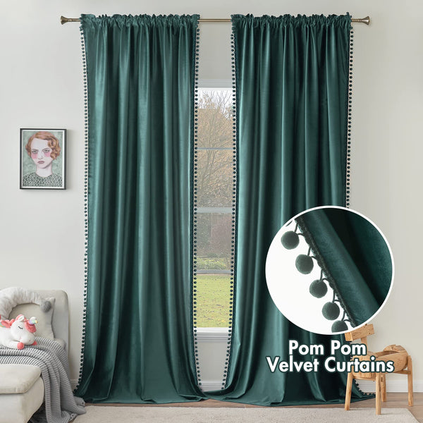 MIULEE Pom Pom Velvet Curtains for Bedroom/Living Room Darkening Thermal Insulating Blackout Boho Curtains with Rod Pocket 2 Panels