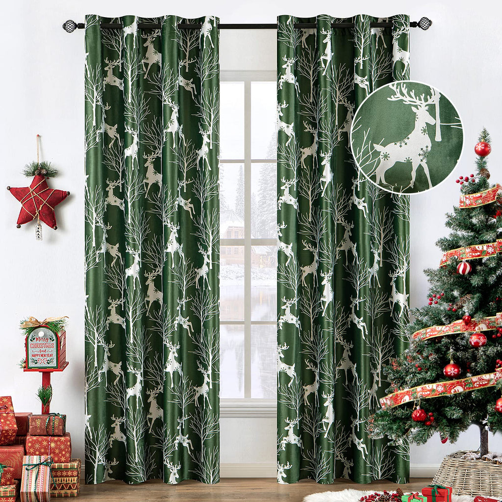 MIULEE Christmas Velvet Curtains Elk Deer & Tree Drapes 2 Panels