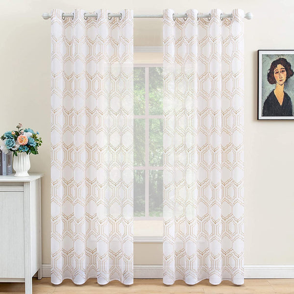 MIULEE Sheer Embroidery Curtains - Geometric Design Grommet Curtains  2 Panels