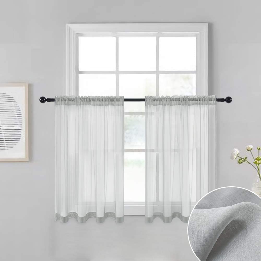 MIULEE Grey Sheer Tiers Short Kitchen Curtains, Linen Textured Semi Sheer Voile Drapes for Small Half Window 2 Panels