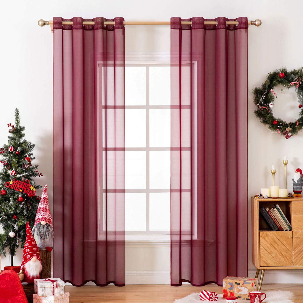 MIULEE Wine Red Solid Sheer Curtains Elegant Grommet Window Voile Panels Drapes Treatment 2 Panels.