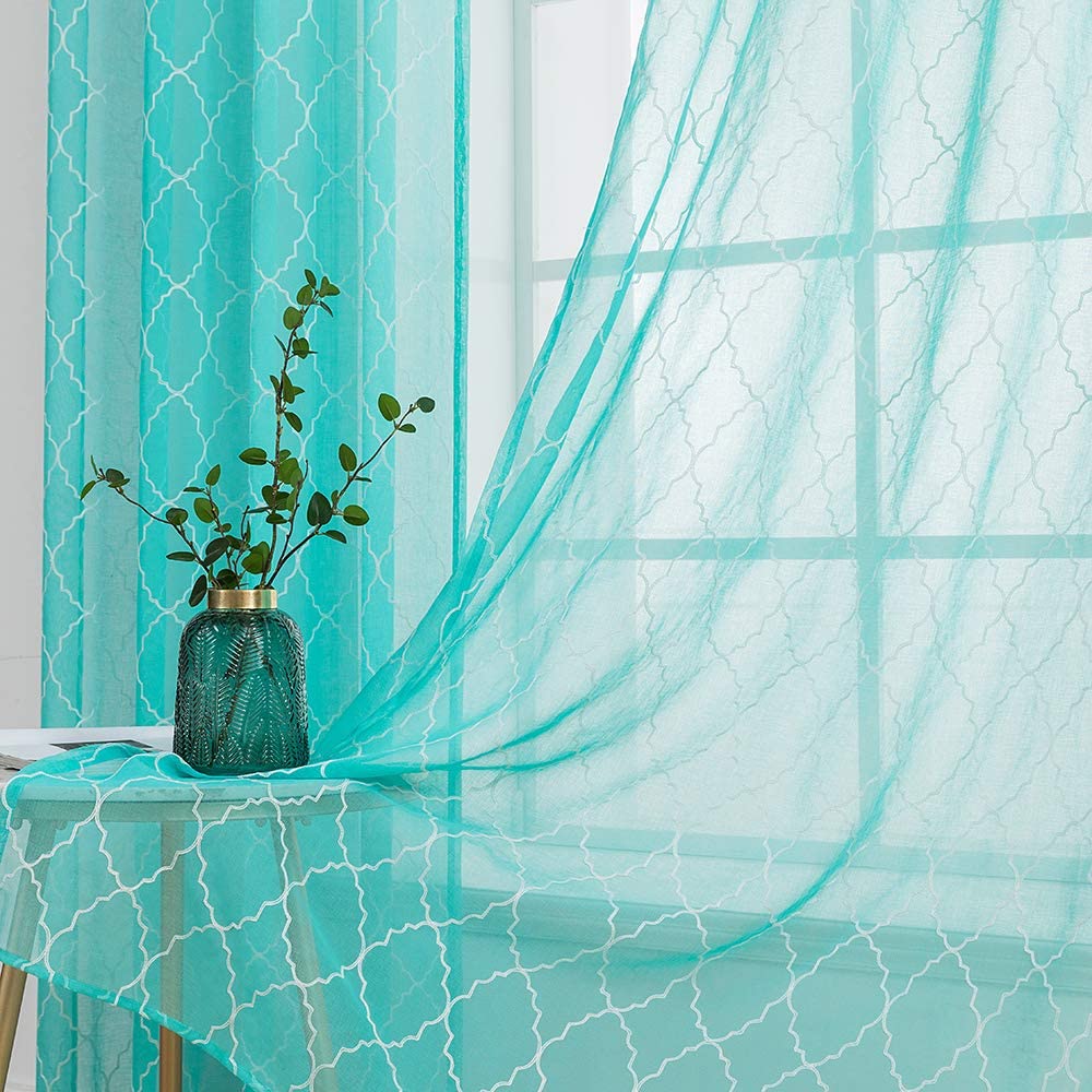 MIULEE Teal Christmas Semi Sheer Curtains with Embroidered Moroccan Tile Design 2 Panels.
