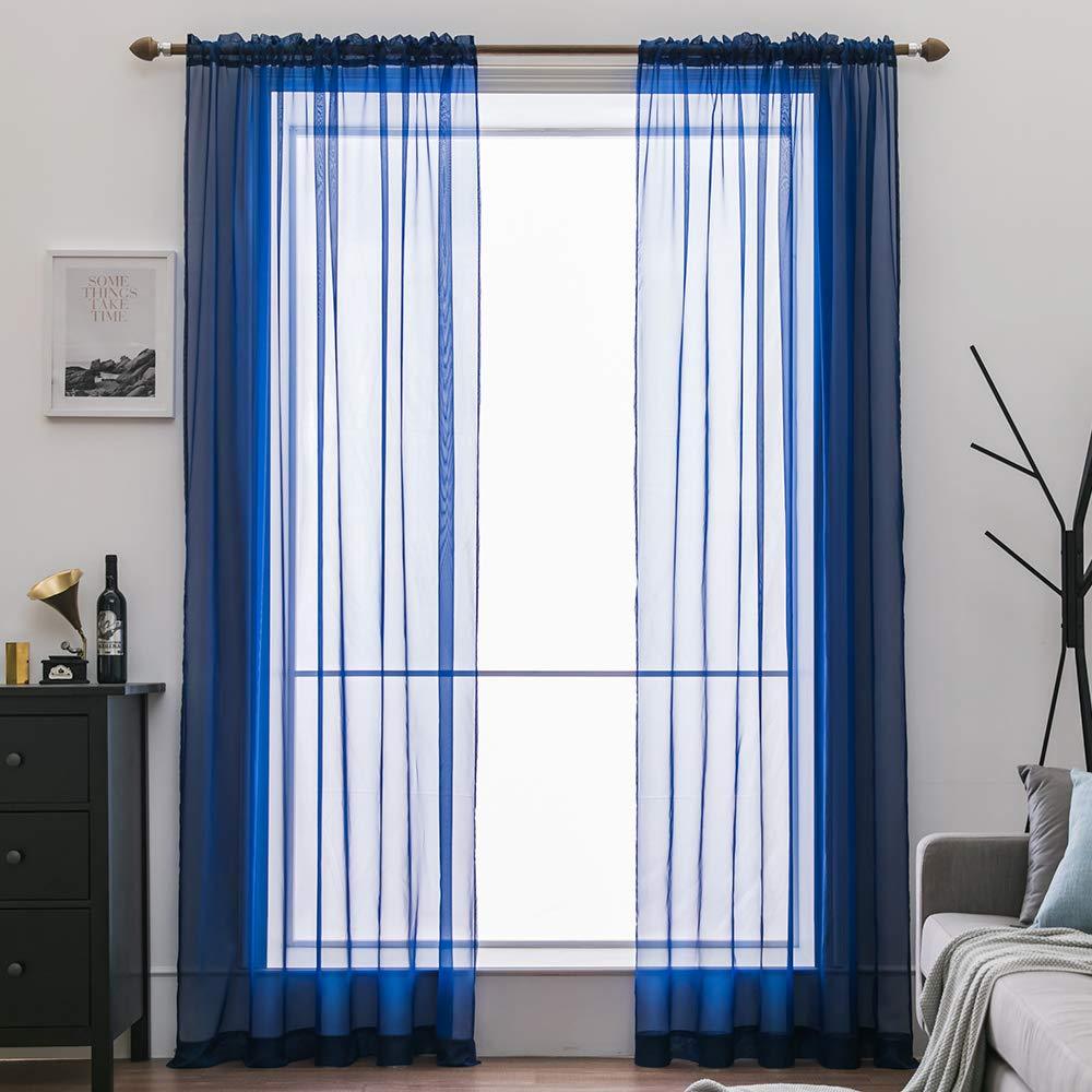MIULEE Navy Blue Solid Color Sheer Window Curtains for Bedroom Living Room Christmas Decor 2 Panels.