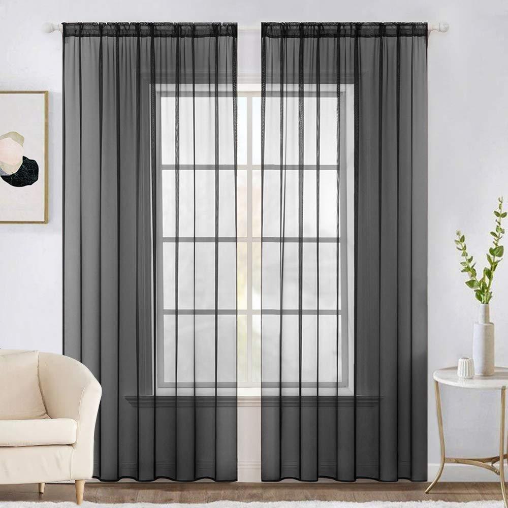 MIULEE Black Solid Color Sheer Window Curtains for Bedroom Living Room Christmas Decor 2 Panels.