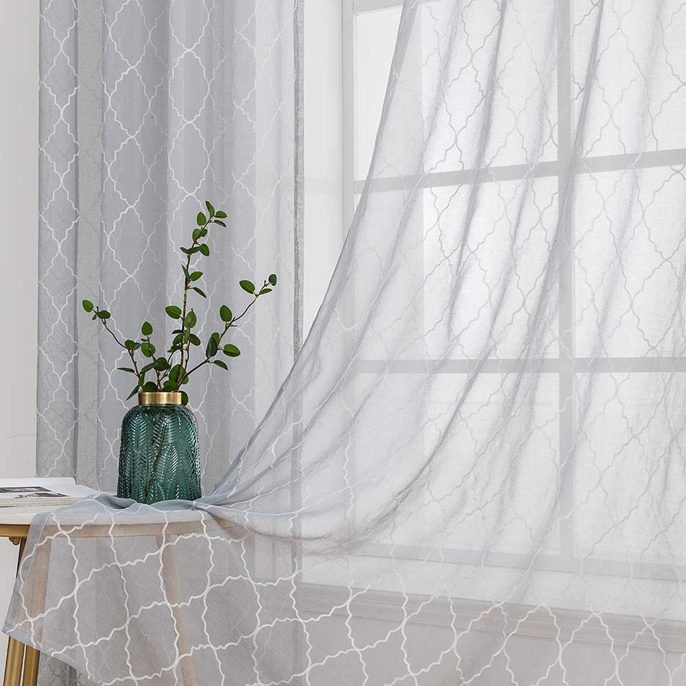MIULEE Grey Christmas Semi Sheer Curtains with Embroidered Moroccan Tile Design 2 Panels.
