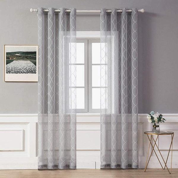 MIULEE Grey Christmas Semi Sheer Curtains with Embroidered Moroccan Tile Design 2 Panels.