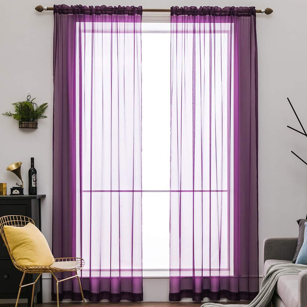 MIULEE Plum Purple Solid Color Sheer Window Curtains for Bedroom Living Room Christmas Decor 2 Panels.