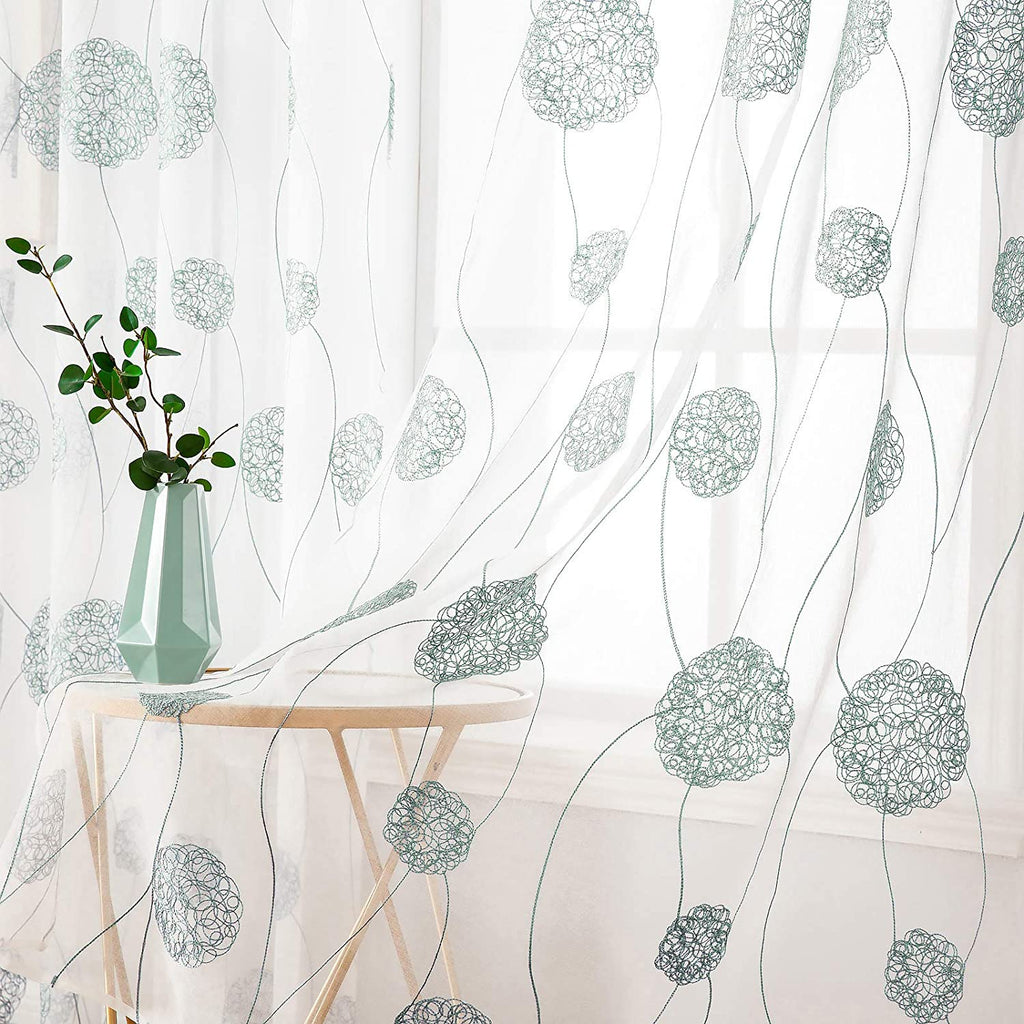 MIULEE Blue Embroidered Sheer Window Flora Design Grommet Curtains 2 Panels