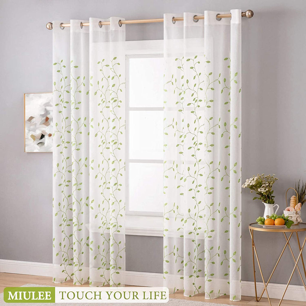 MIULEE Decorative Sheer Curtains with Embroidered Leaf Pattern for Living Room Elegant Grommet Embroidery Window Voile Bedroom Drape 2 Panels