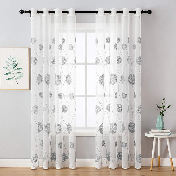 MIULEE Grey Embroidered Sheer Window Flora Design Grommet Curtains 2 Panels