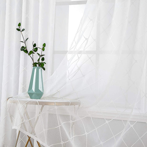 MIULEE  Sheer Curtains, Embroidered Diamond Grommet Window Curtains 2 Panels