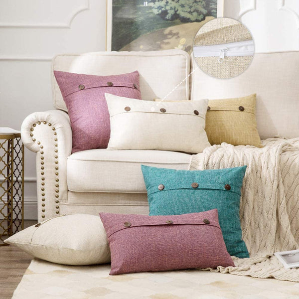 Miulee Decorative Linen Throw Pillow Covers Triple Button Vintage Farmhouse Cushion Case 2 Pack