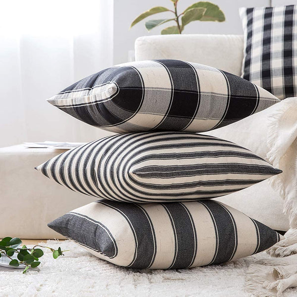 MIULEE Decorative Farmhouse Throw Pillow Covers Buffalo Check Stripe Pillowcases Cotton Linen Cushion Case for Couch Sofa 4 Pack