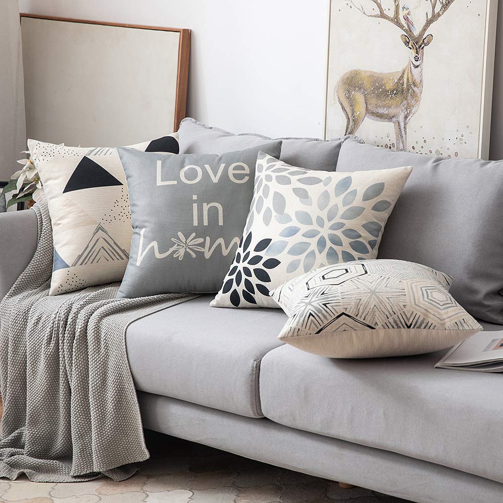 MIULEE Decorative Throw Pillow Covers Cotton Line Cushion Case Set Love in Home Printed Pillowcases 4 Pack