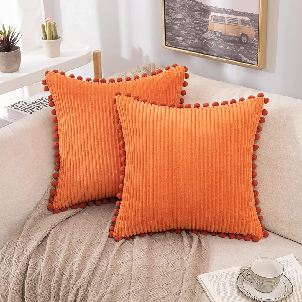 MIULEE Corduroy Decorative Square Throw Pillow Covers with Pom-poms Stripe Solid Cushion Cases 2 Pack
