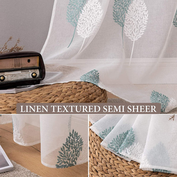 MIULEE Leaves Embroidery Sheer Curtains Grommet Window Curtain Semi Voile Drapes Panels for Living Room Bedroom 2 Panels