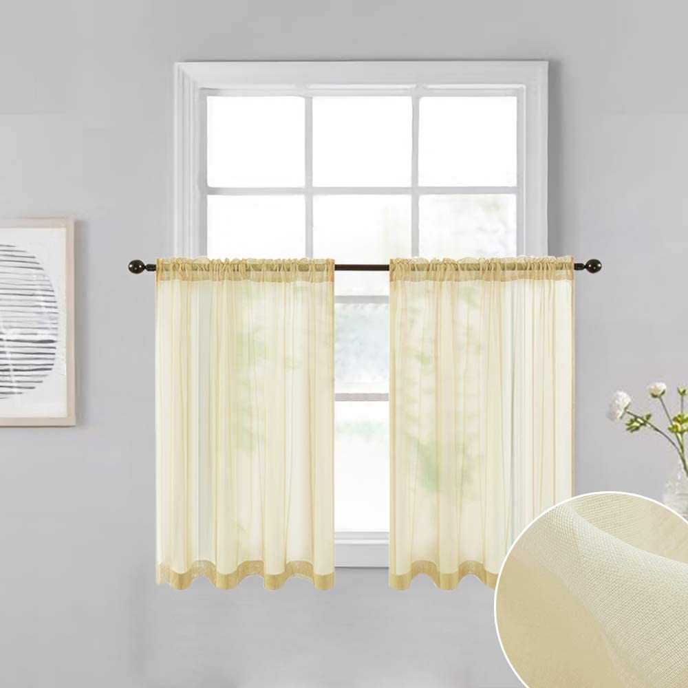 MIULEE Beige Sheer Tiers Short Kitchen Curtains, Linen Textured Semi Sheer Voile Drapes for Small Half Window 2 Panels