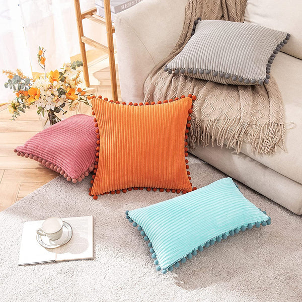MIULEE Corduroy Decorative Square Throw Pillow Covers with Pom-poms Stripe Solid Cushion Cases 2 Pack