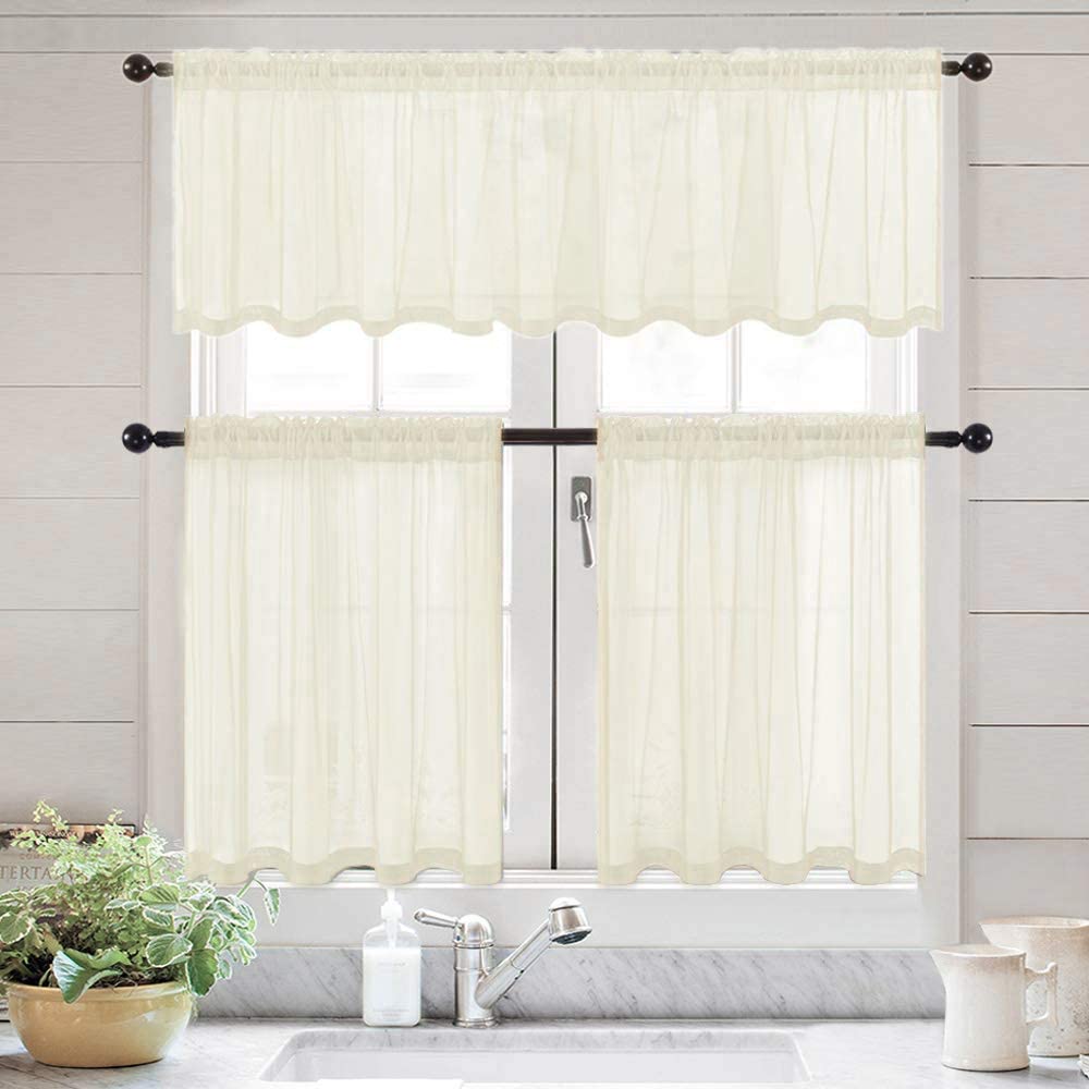MIULEE Light Yellow Sheer Tiers Short Kitchen Curtains, Linen Textured Semi Sheer Voile Drapes for Small Half Window 2 Panels