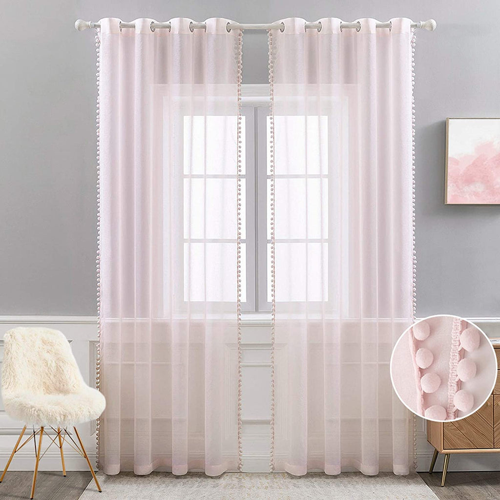MIULEE Baby Pink Pom Pom Tasseled Sheer Window Curtains Grommet Top for Bedroom Semi Transparent Linen Curtain 2 Panels
