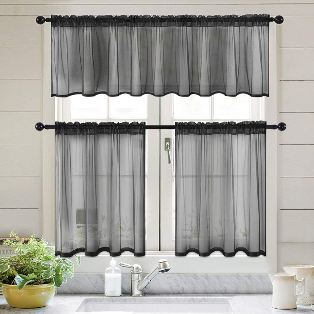 MIULEE Black Solid Kitchen Sheer Valance Linen Look Window Curtain,Living Room Windows Voile Valance Rod Pocket 1 Panel