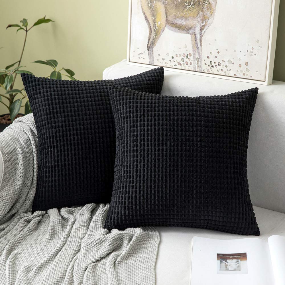 MIULEE Decorative Throw Pillow Covers Soft Corduroy Solid Black Cushion Case 2 Pack.